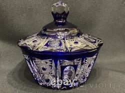 Antique Bohemian Bowl Crystal Sapphire Germany Bavaria Candy Lead Lid Rare Old