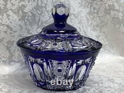 Antique Bohemian Bowl Crystal Sapphire Germany Bavaria Candy Lead Lid Rare Old