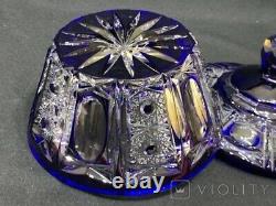 Antique Bohemian Bowl Crystal Sapphire Germany Bavaria Candy Lead Lid Rare Old