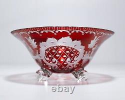 Antique Bohemian Czech Ruby Crystal Cut to Clear Footed Serving Bowl