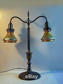 Antique Bronze Table Lamp with 2 Steuben Gold Aurene Shades