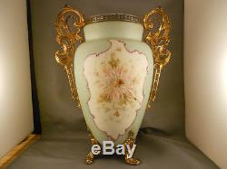Antique C F Monroe Wave Crest Large Vase w Metal Mounts 12 3/8