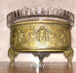 Antique Candy Bowl Brass Glass Marked Dish Cover Head Etached Decor Legs Old 20c