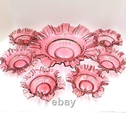Antique Cranberry Glass Berry Bowl 7 Piece Set Ruffled Hand Blown Victorian