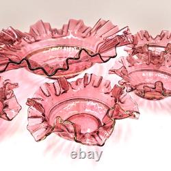 Antique Cranberry Glass Berry Bowl 7 Piece Set Ruffled Hand Blown Victorian