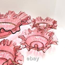 Antique Cranberry Glass Berry Bowl 7 Piece Set Ruffled Hand Blown Victorian Antique Cranberry Glass Berry Bowl 7 Piece Set Ruffled Hand Blown Victorian