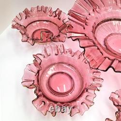 Antique Cranberry Glass Berry Bowl 7 Piece Set Ruffled Hand Blown Victorian
