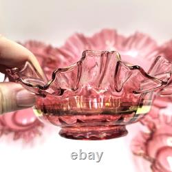 Antique Cranberry Glass Berry Bowl 7 Piece Set Ruffled Hand Blown Victorian