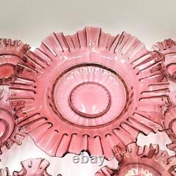 Antique Cranberry Glass Berry Bowl 7 Piece Set Ruffled Hand Blown Victorian
