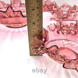 Antique Cranberry Glass Berry Bowl 7 Piece Set Ruffled Hand Blown Victorian