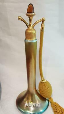 Antique DeVilbiss Tall Steuben Gold & Blue Aurene glass Perfume bottle atomizer