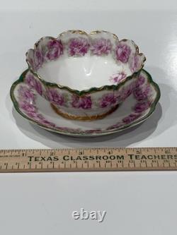 Antique Drop Rose Haviland Limoges Bowl Ramekin Attached Saucer 5.25 HTF
