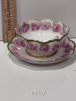 Antique Drop Rose Haviland Limoges Bowl Ramekin Attached Saucer 5.25 HTF