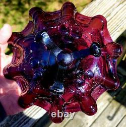 Antique Dugan Carnival Glass Cherries Pattern Footed Ruffled Bowl