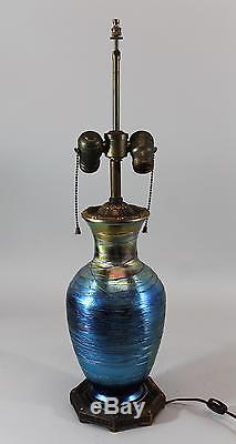 Antique, Durand, Threaded Blue Art Glass Table Lamp/ With Bronze Fittings, NR