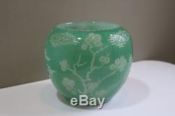 Antique Early 20thC Steuben Green Jade Japanese Acid Cut Back Art Glass Vase