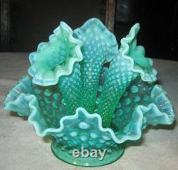 Antique Fenton Hobnail Emerald Green Plant Art Glass Flower Horn Vase Epergne