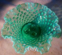 Antique Fenton Hobnail Emerald Green Plant Art Glass Flower Horn Vase Epergne