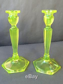 Antique Fenton Iridescent Topaz Vaseline Glass 8 1/2 Tall Candlesticks #449
