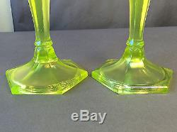 Antique Fenton Iridescent Topaz Vaseline Glass 8 1/2 Tall Candlesticks #449