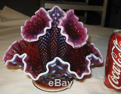 Antique Fenton Purple Plum Hobnail Opalescent Flower Plant Epergne Vase USA Bowl