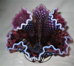 Antique Fenton Purple Plum Hobnail Opalescent Glass Label Epergne Vase USA Bowl