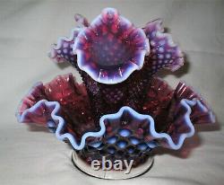 Antique Fenton Purple Plum Hobnail Opalescent Glass Label Epergne Vase USA Bowl