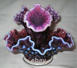 Antique Fenton Purple Plum Hobnail Opalescent Glass Label Epergne Vase USA Bowl