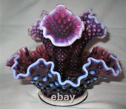 Antique Fenton Purple Plum Hobnail Opalescent Glass Label Epergne Vase USA Bowl