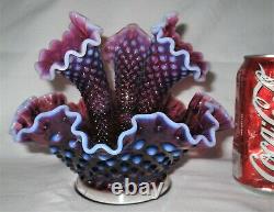 Antique Fenton Purple Plum Hobnail Opalescent Glass Label Epergne Vase USA Bowl
