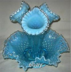 Antique Fenton USA Sea Blue Hobnail Opalescent Art Glass Flower Epergne Urn Vase