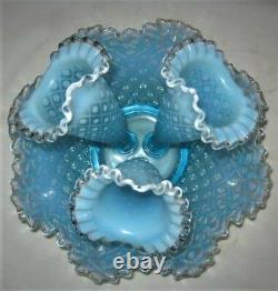 Antique Fenton USA Sea Blue Hobnail Opalescent Art Glass Flower Epergne Urn Vase