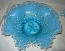 Antique Fenton USA Sea Blue Hobnail Opalescent Art Glass Flower Epergne Urn Vase