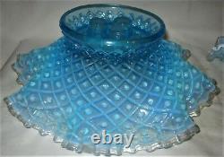 Antique Fenton USA Sea Blue Hobnail Opalescent Art Glass Flower Epergne Urn Vase