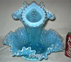 Antique Fenton USA Sea Blue Hobnail Opalescent Art Glass Flower Epergne Urn Vase