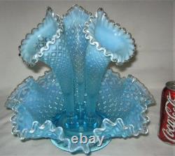 Antique Fenton USA Sea Blue Hobnail Opalescent Art Glass Flower Epergne Urn Vase