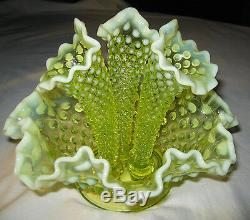 Antique Fenton USA Vaseline Hobnail Opalescent Art Glass Flower Epergne Urn Vase