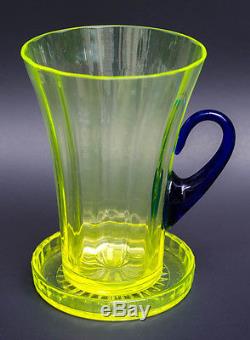 Antique Fenton Vaseline Optic Rib Blown Glass Lemonade Set Coasters Yellow Blue