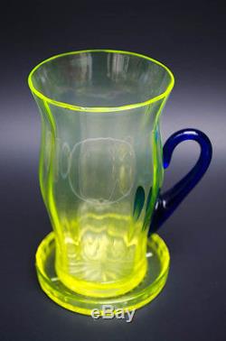 Antique Fenton Vaseline Optic Rib Blown Glass Lemonade Set Coasters Yellow Blue