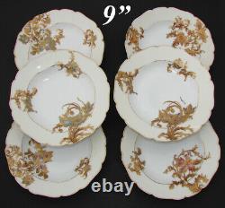 Antique Haviland French 6pc Set 9 Soup Bowls, Hand Painted Raised Gold Flowers