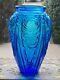 Antique Heavy Aqua Blue Glass Art Deco Vase Flower Motif Ex Large 12 Tall