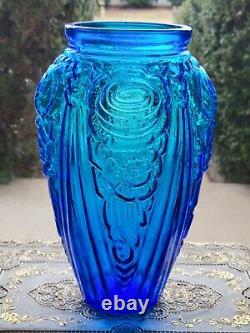 Antique Heavy Aqua Blue Glass Art Deco Vase Flower Motif Ex Large 12 Tall