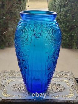 Antique Heavy Aqua Blue Glass Art Deco Vase Flower Motif Ex Large 12 Tall