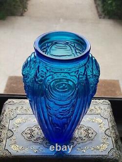 Antique Heavy Aqua Blue Glass Art Deco Vase Flower Motif Ex Large 12 Tall