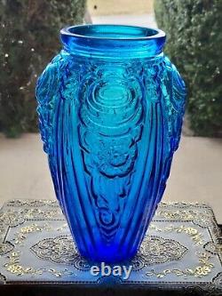 Antique Heavy Aqua Blue Glass Art Deco Vase Flower Motif Ex Large 12 Tall