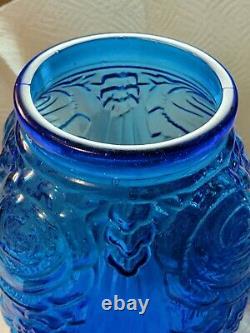 Antique Heavy Aqua Blue Glass Art Deco Vase Flower Motif Ex Large 12 Tall