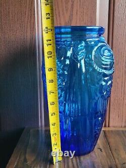 Antique Heavy Aqua Blue Glass Art Deco Vase Flower Motif Ex Large 12 Tall