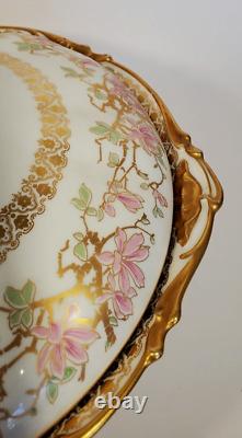 Antique Jean Pouyat Limoges Pink Lilies Gold Encrusted Large Tureen
