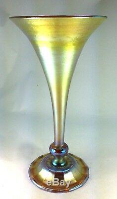 Antique L. C. Tiffany Gold Favrile Iridescent Art Glass Trumpet Wheel Cut Vase