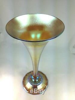 Antique L. C. Tiffany Gold Favrile Iridescent Art Glass Trumpet Wheel Cut Vase